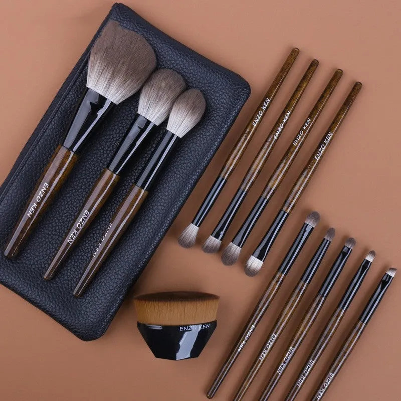 12-piece makeup brush set with wooden handles in PU roll case