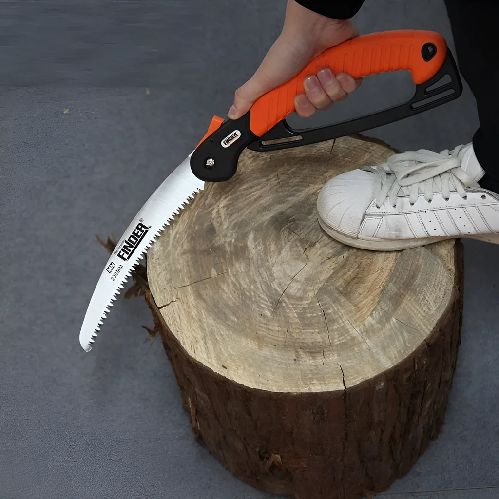 Garden folding trunk saw with 9-inch blade shown open and folded, featuring a TPR handle.