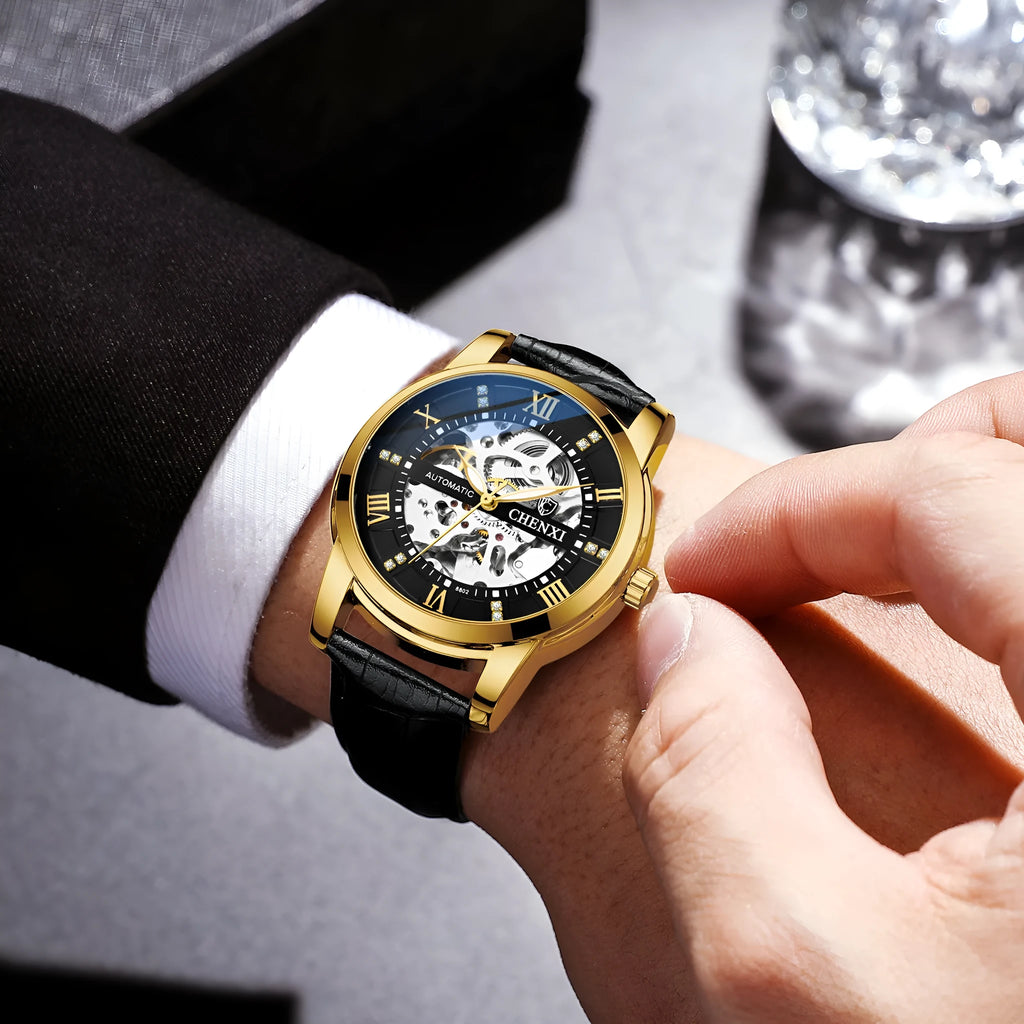 Men's hollow automatic mechanical watch with metal belt and black dial