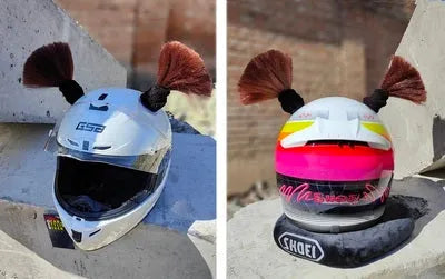 Pair of 8cm tall braided helmet decorations with non-marking adhesive, shown in multiple colour options.