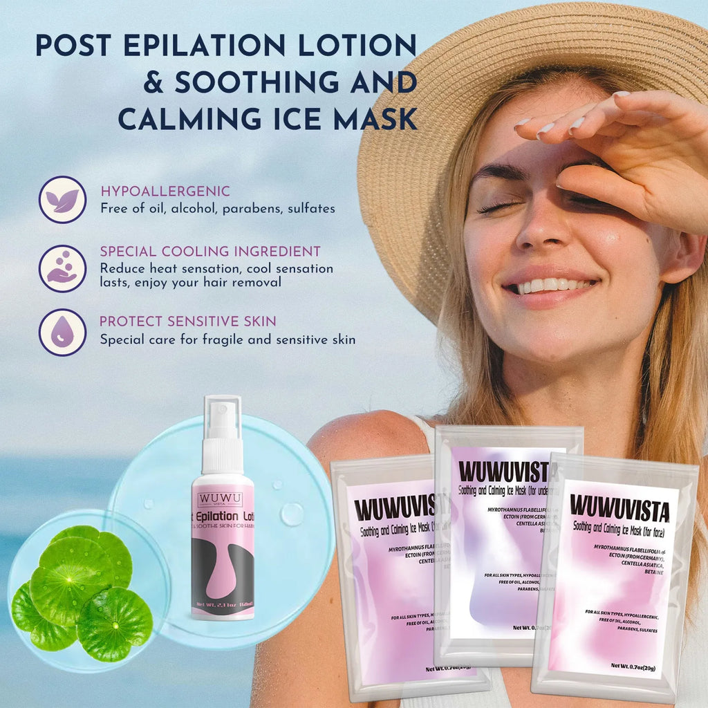 Waxing gift set with black wax warmer, wax beans, application sticks, aftercare lotion, and cooling masks.