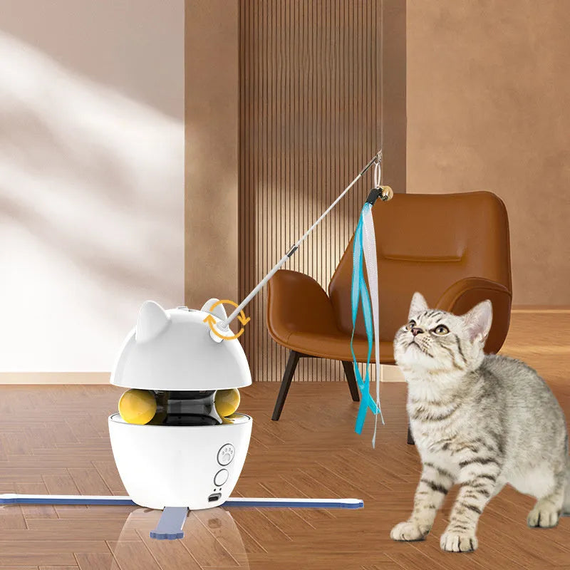 Automatic electronic cat toy with elastic rope and funny stick attachment for indoor cats