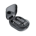 Black and white wireless Bluetooth in-ear headphones with digital display showing battery level