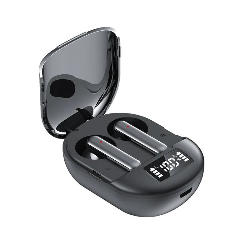 Black and white wireless Bluetooth in-ear headphones with digital display showing battery level