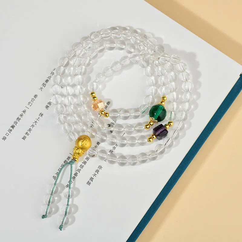 White crystal 108 bead rosary bracelet with geometric mala beads in ethnic unisex style