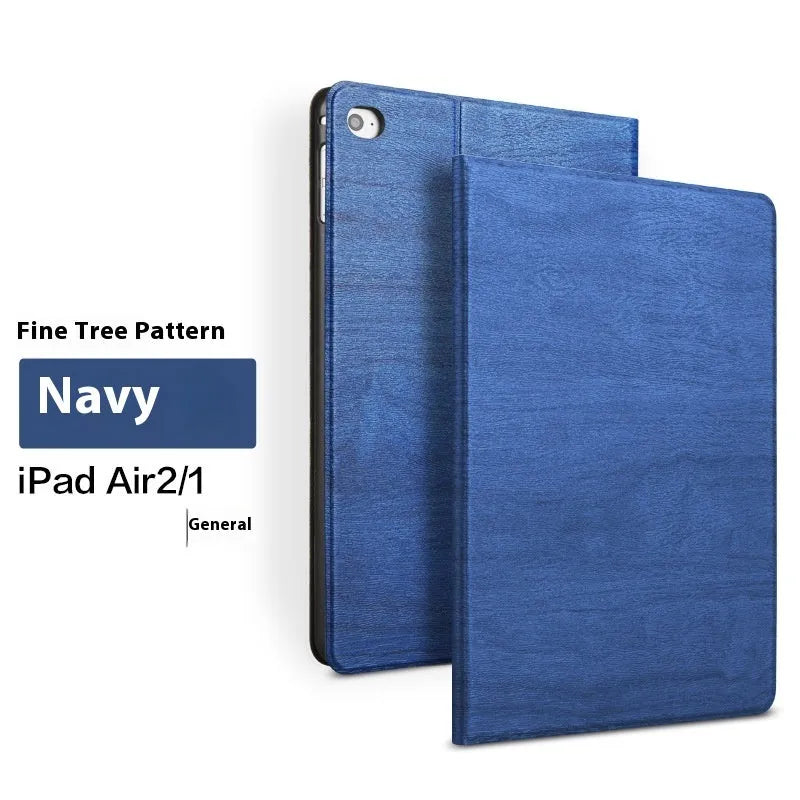 Sapphire blue imitation leather iPad cover with a built-in universal sleep bracket on the back.