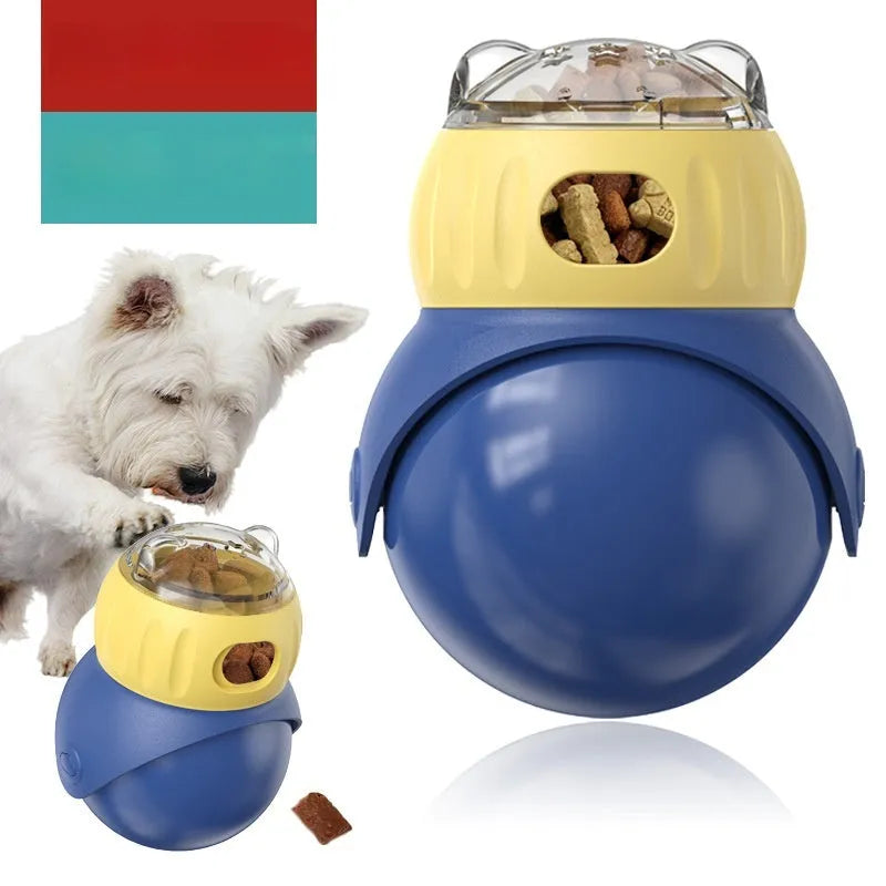Morandi yellow and blue owl-shaped plastic tumbler cat toy with a snap-fit lid, on a wooden floor.
