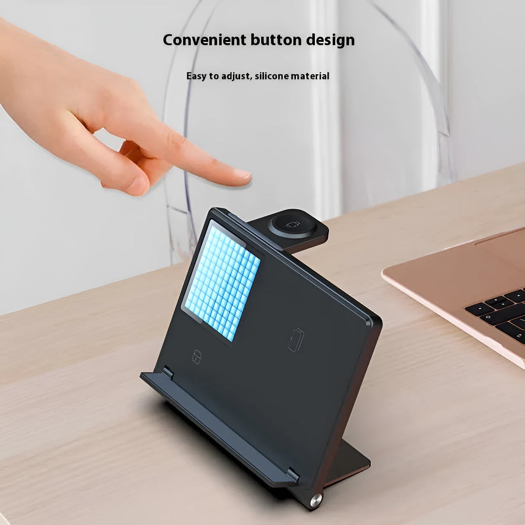 Folding five-in-one wireless charger in black with digital clock display showing time and charging pads.