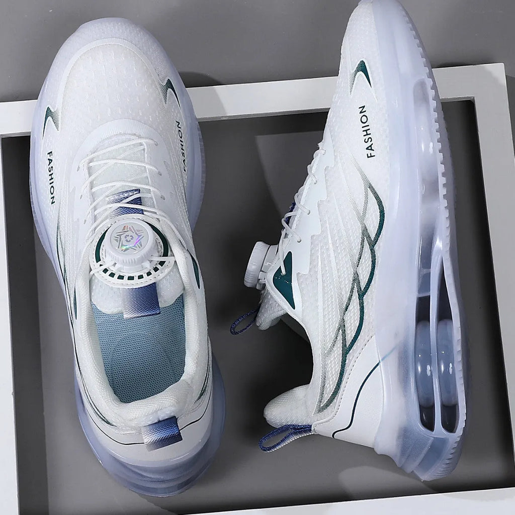 White Korean style mesh casual running shoes with round toe and lace-up closure