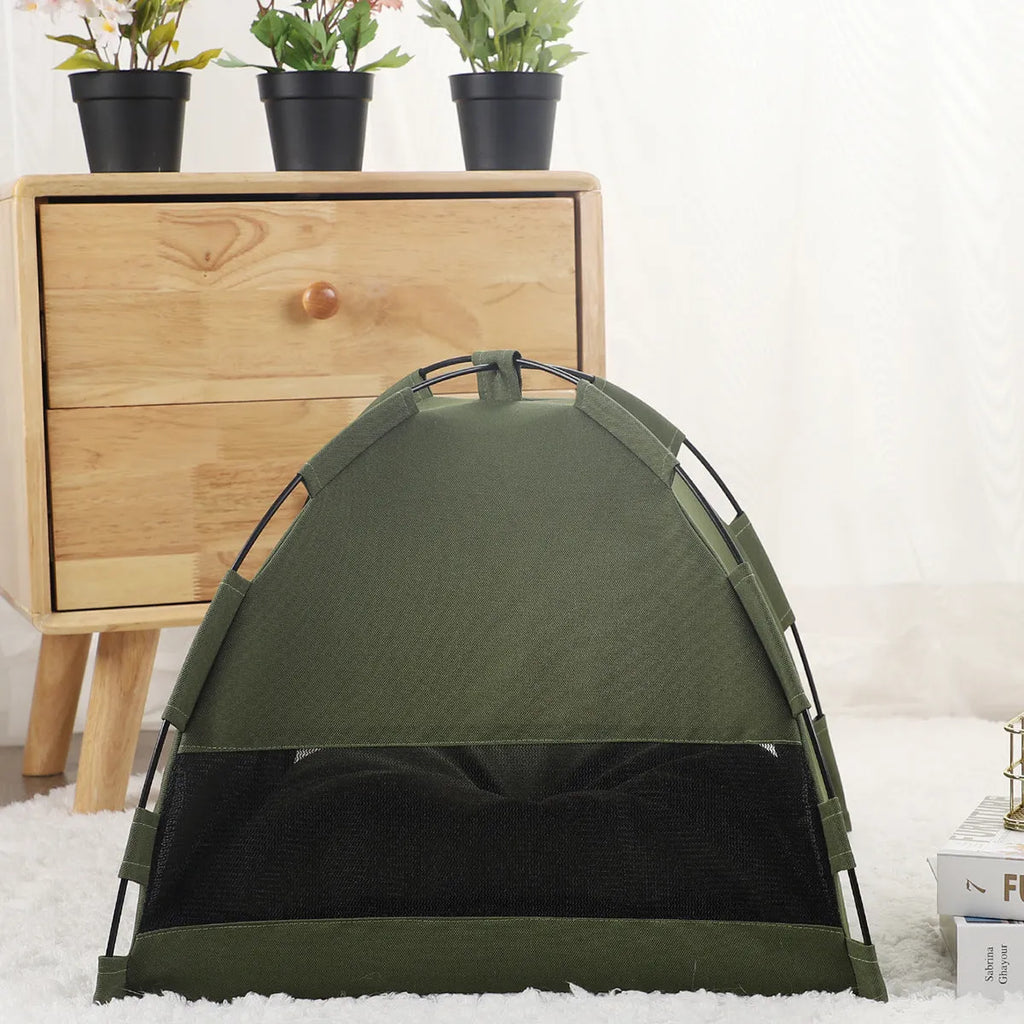 Cat tent dog bed with cushion, cooling mat, portable pet sofa in military green and turquoise gray