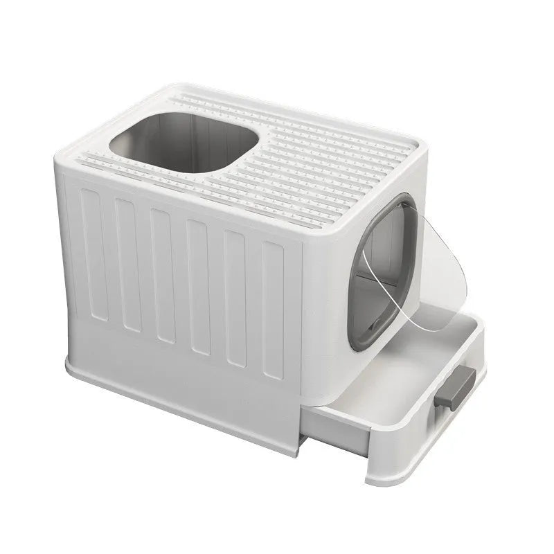 Fully enclosed large PP plastic cat litter box in Gentleman Gray, folding anti-splash design, 51x38x39cm