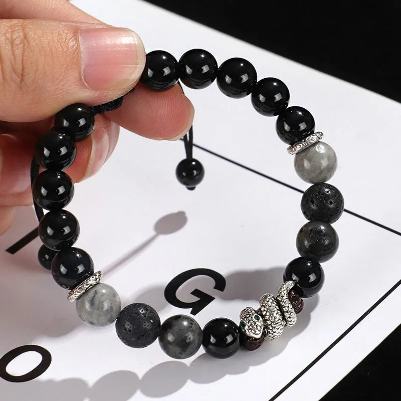 Black and white agate couple bracelets with blessing snake design and handcrafted manual processing
