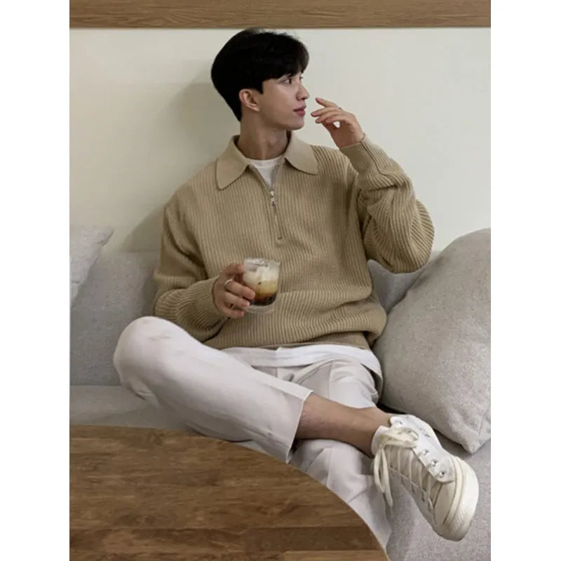 Long-sleeved sweater coat in solid colour, 100% polyester fibre, no-ironing treatment, available in khaki, grey, black, Asian sizes M-XXXL