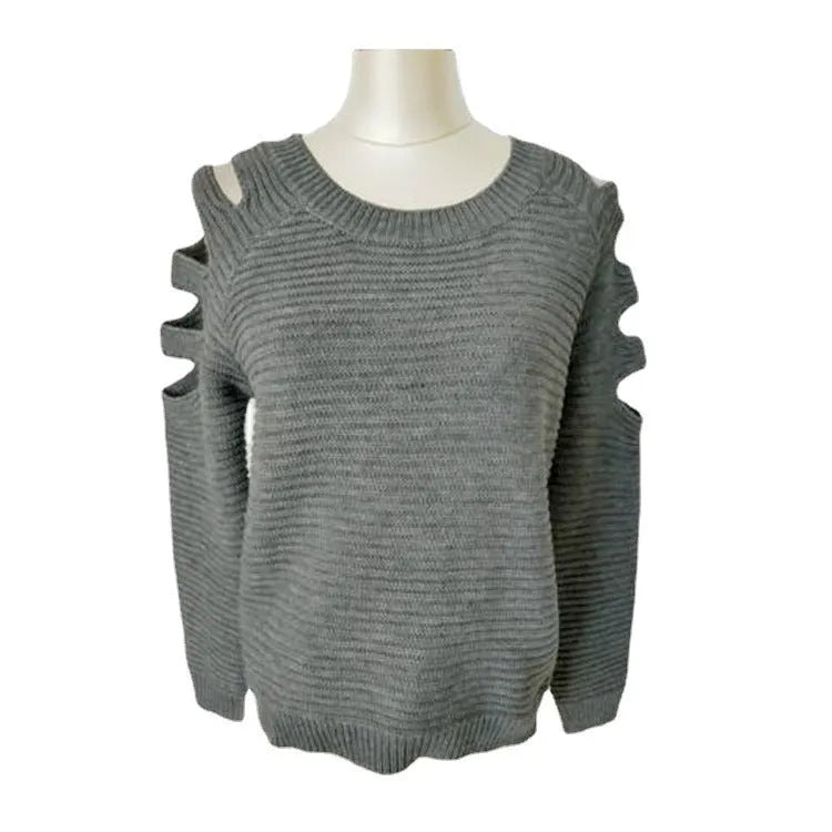 Women's grey knitted pullover shirt with hollow-out crochet pattern on the sleeves and body.