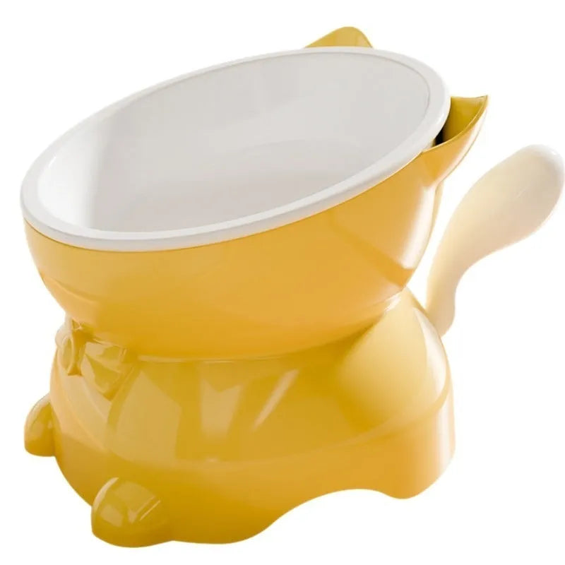 Matte finish stainless steel tilted cat bowl in four colours on a kitchen counter