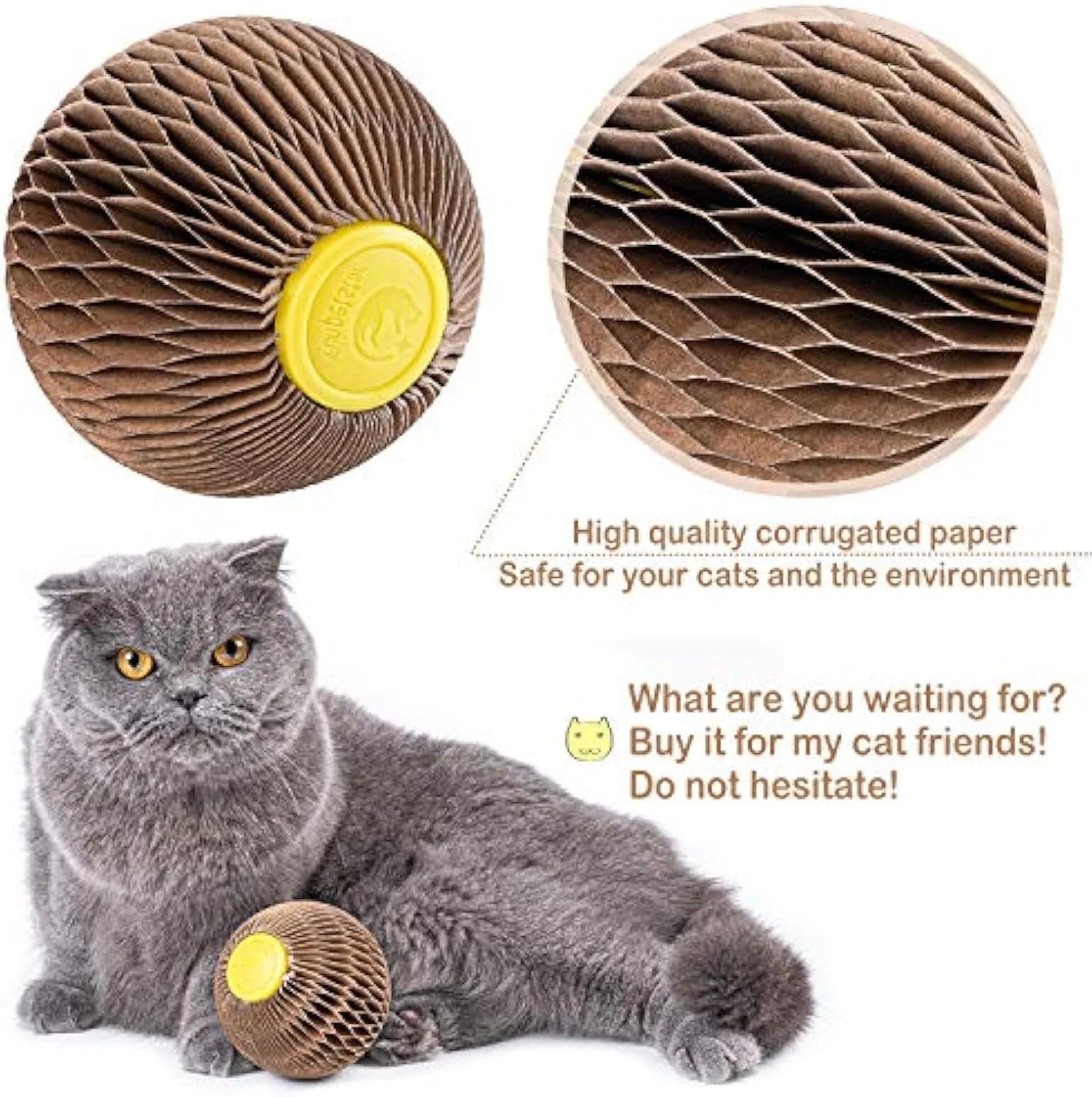 Brown catnip refillable scratch ball made from recycled corrugated paper with natural catnip included, 76mm size, on wooden floor