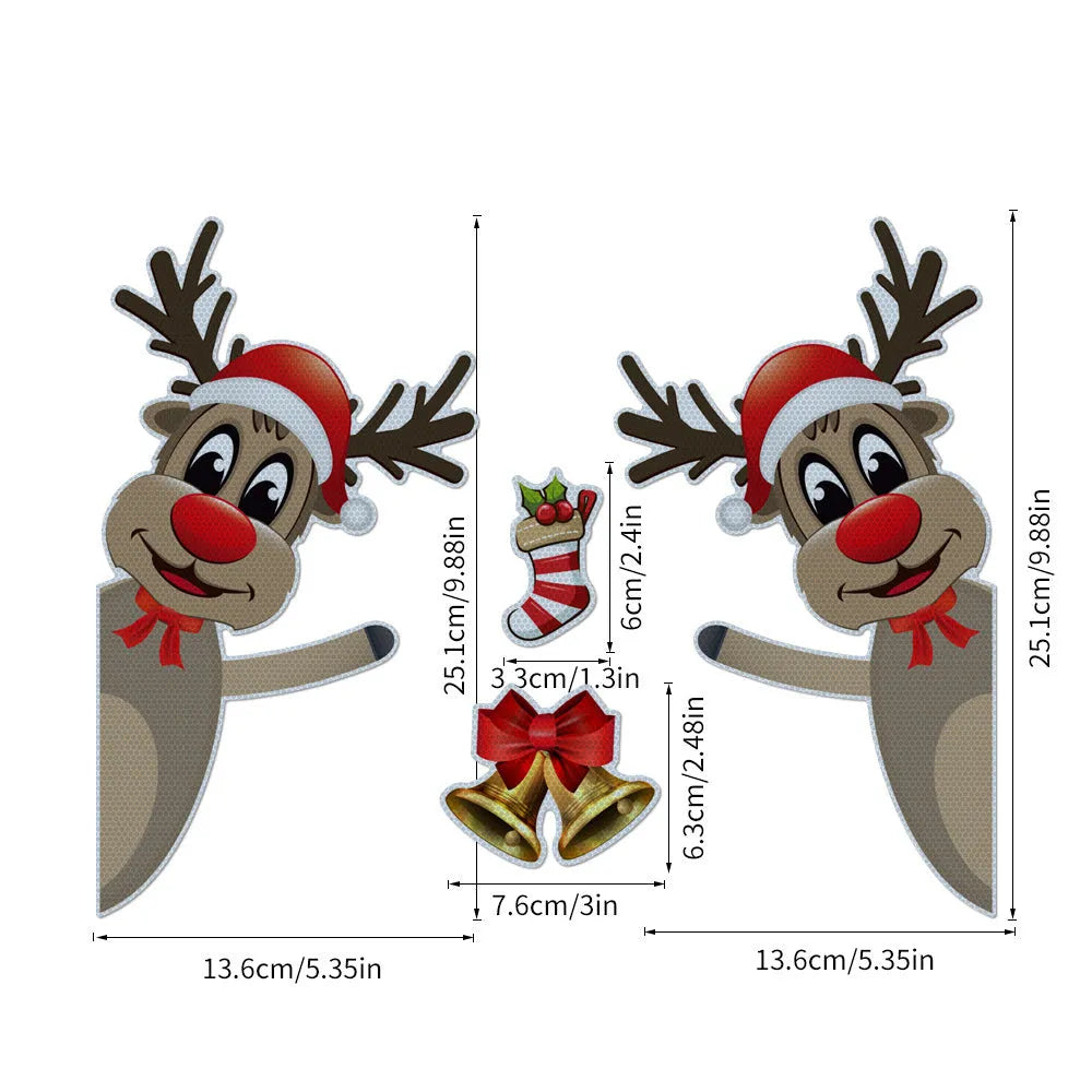 Cartoon-style Christmas elk bell magnetic bumper stickers with reflective luminous finish
