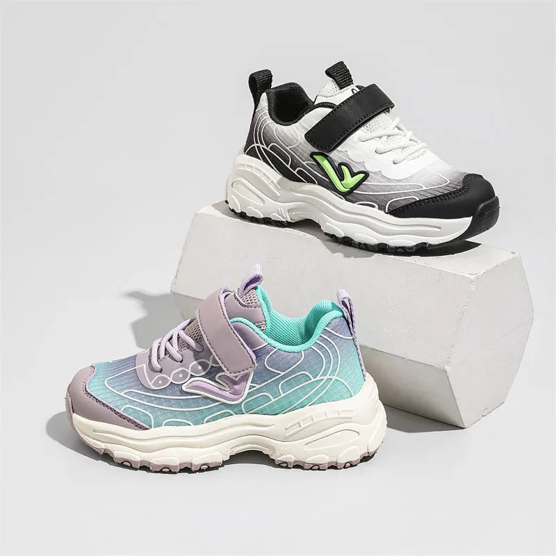 Children's black and purple striped lace-up sports shoes with mesh fabric upper and rubber sole