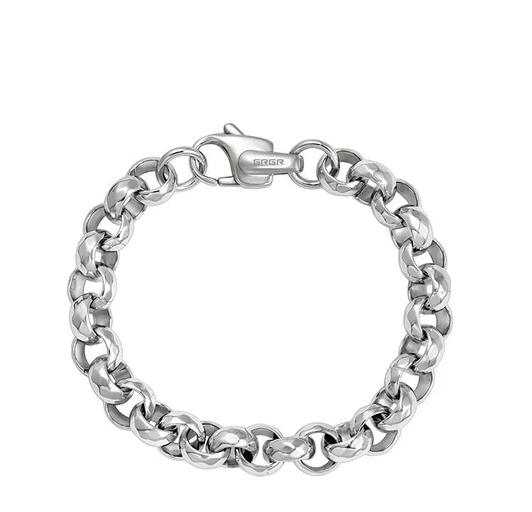 Silver titanium steel bracelet with diamond pattern and O-ring closure on a white background