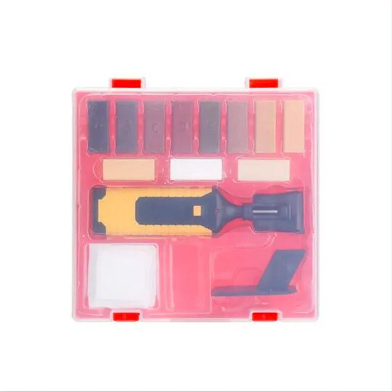 Floor repair tool set with red handle and colour wax sticks for DIY tile scratch repair