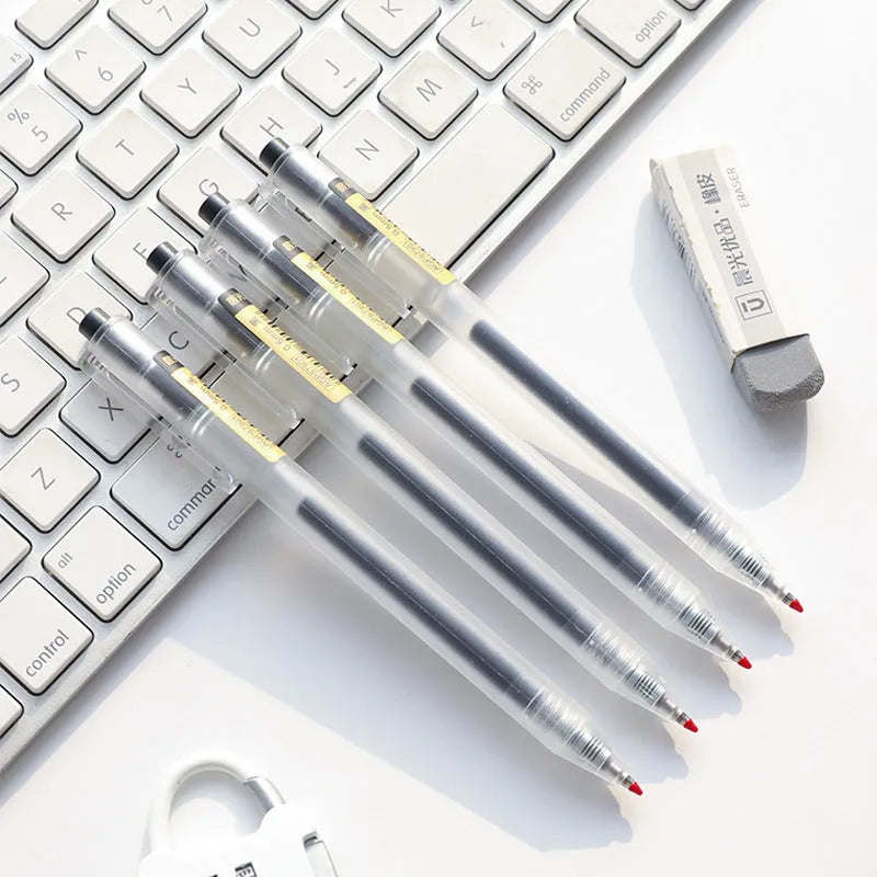 12 black retractable gel pens with frosted barrels and 0.5mm tips displayed with two spare refills