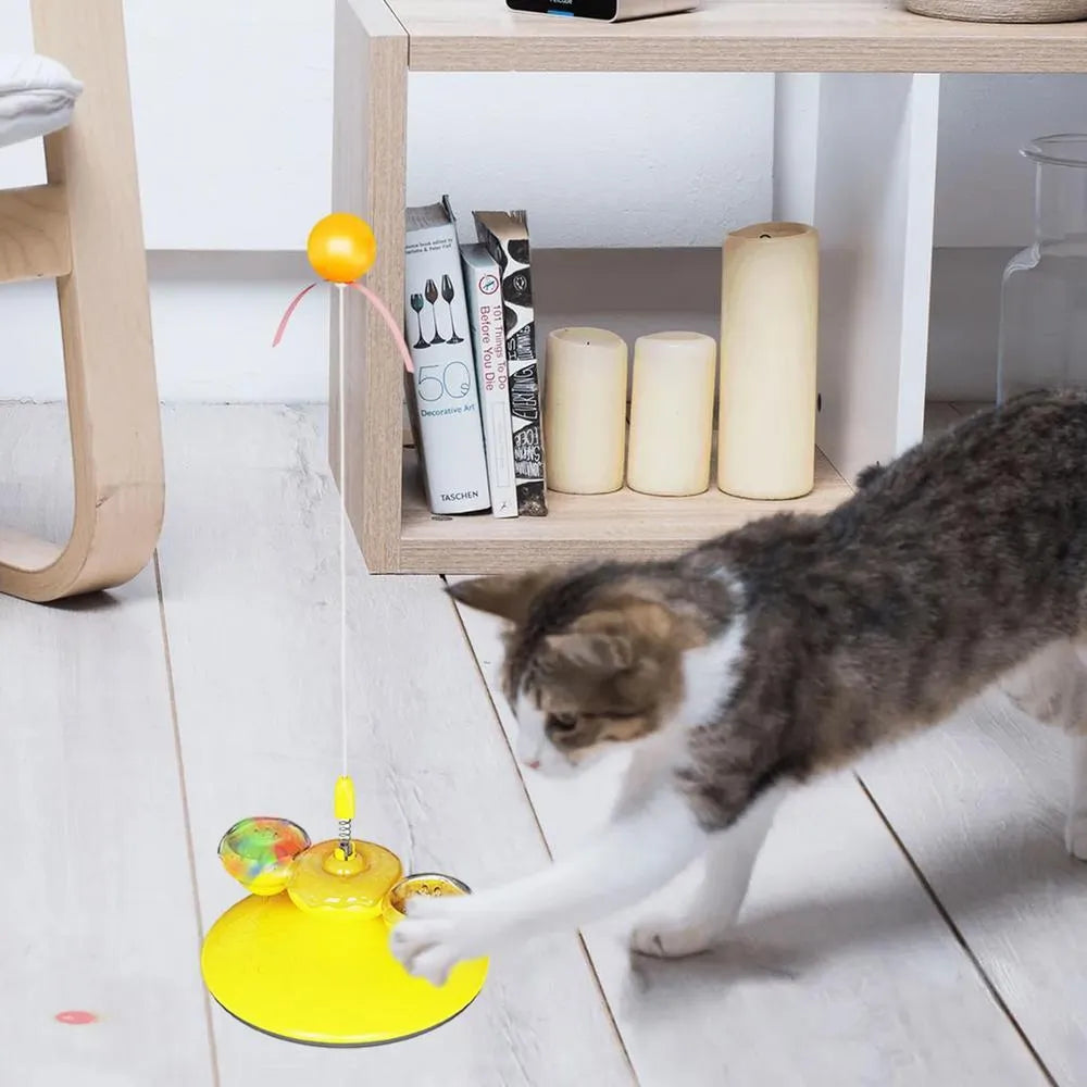 Cat interactive toy with suction cup base and colourful LED lights on spring mechanism