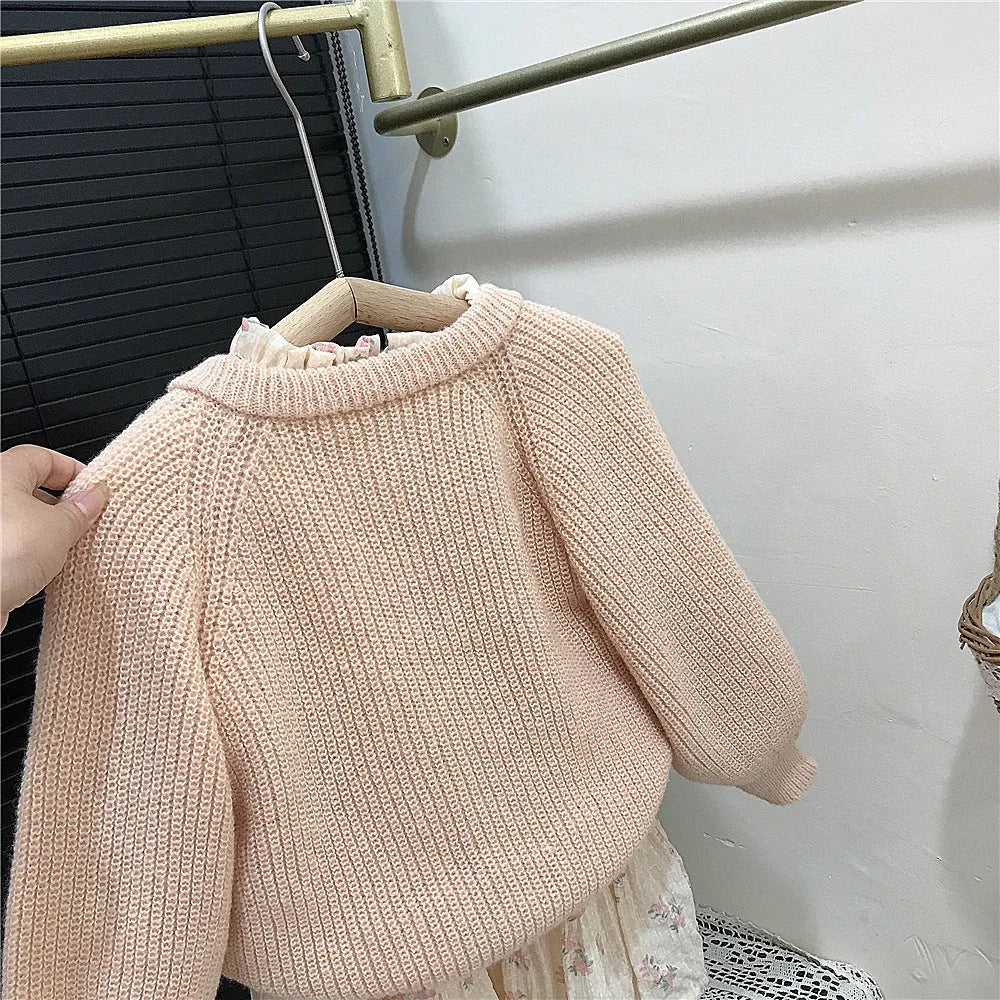Girls' pink mohair puff sleeve knitted cardigan and orange chiffon dress set, Korean style, sizes 90cm to 140cm