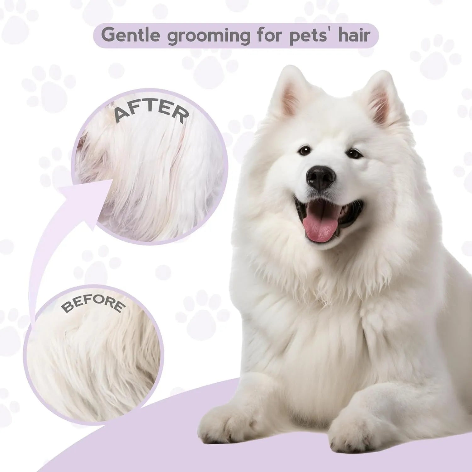 Purple pet detangling comb with stainless steel teeth on a 27cm long ergonomic handle.