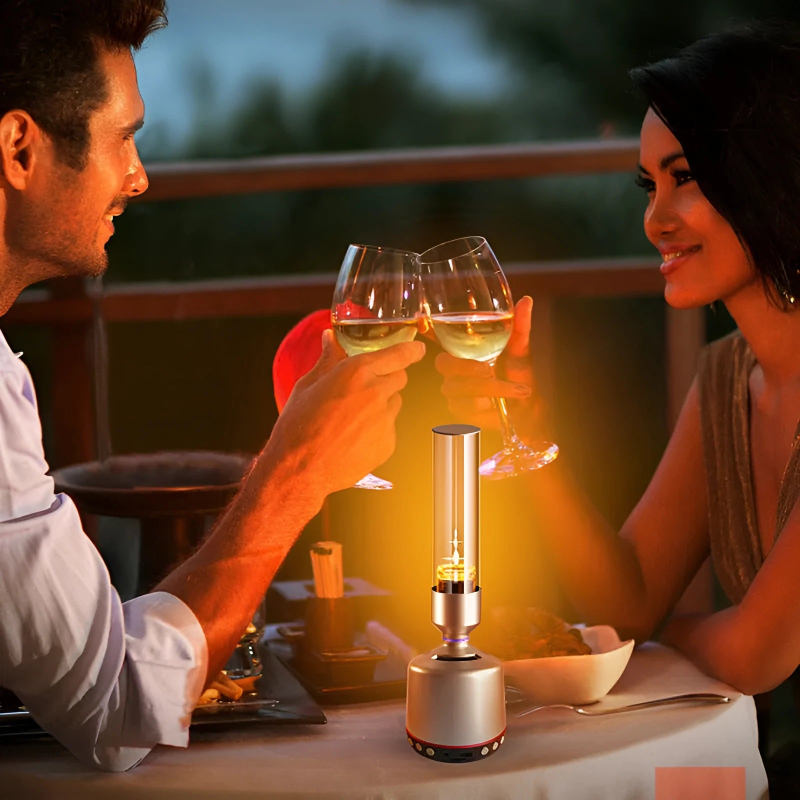 White silver cylindrical Bluetooth speaker with candlelight glow, showing push buttons, dimensions 90mm by 277mm.