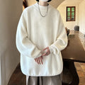 Men's loose fit round neck long sleeve sweater in a solid colour on a hanger.