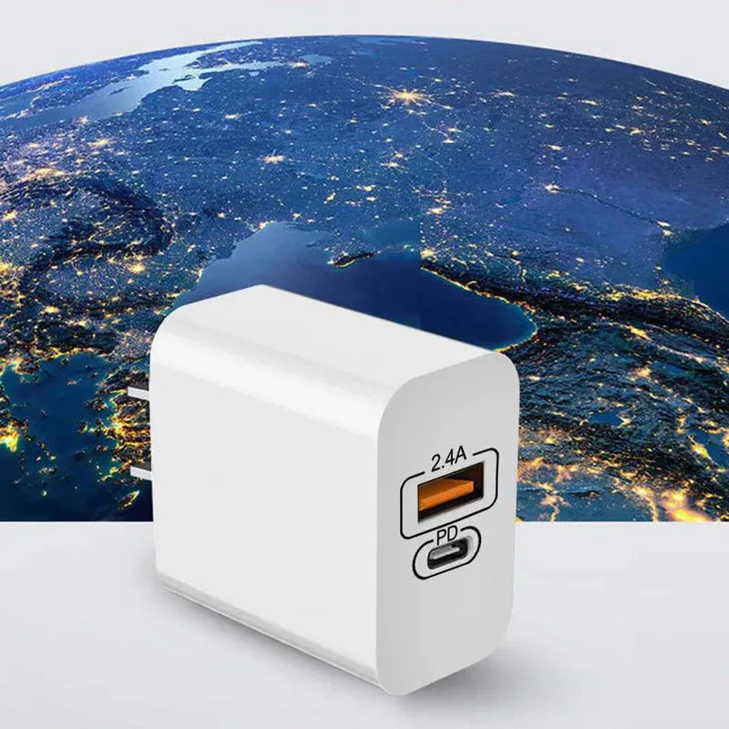 Travel charger with PD fast charge USB interface in bare metal finish compatible with Android phones