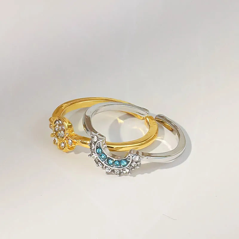Sun and Moon diamond-studded couple ring set in alloy with geometric shape