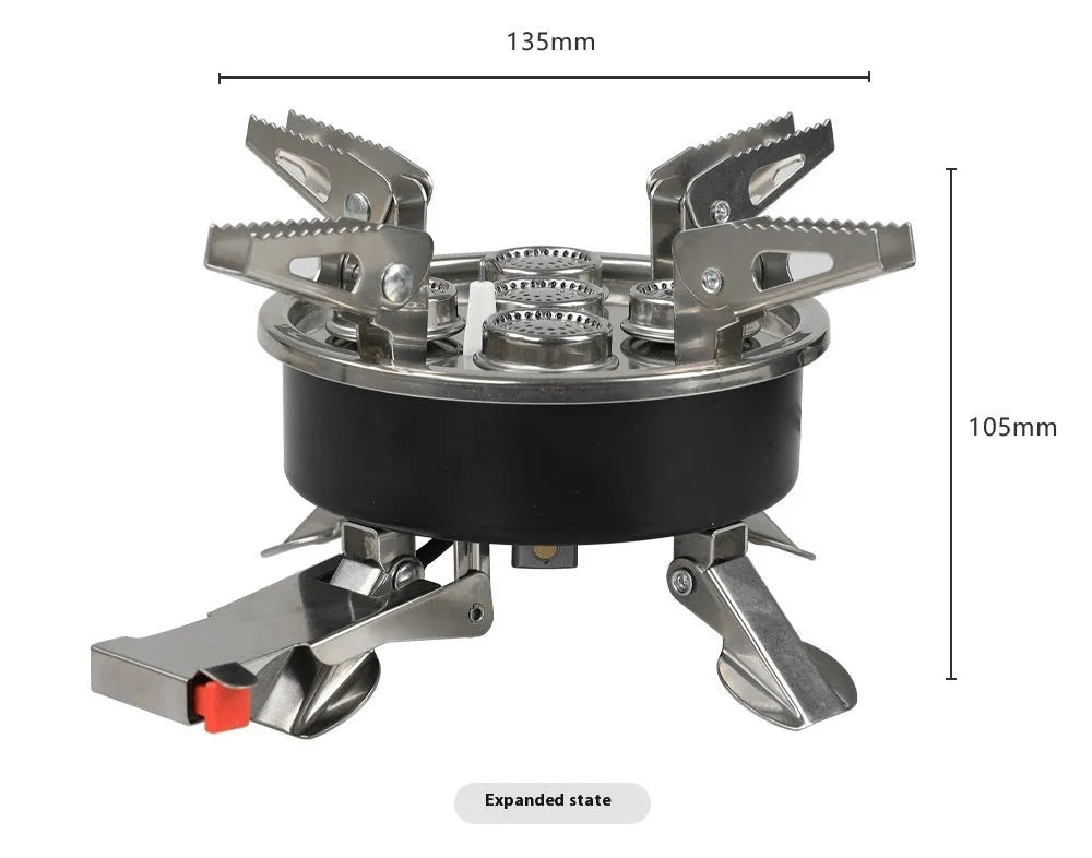 Silver portable split camping stove with extended copper hose on a 155x125mm stainless steel base.