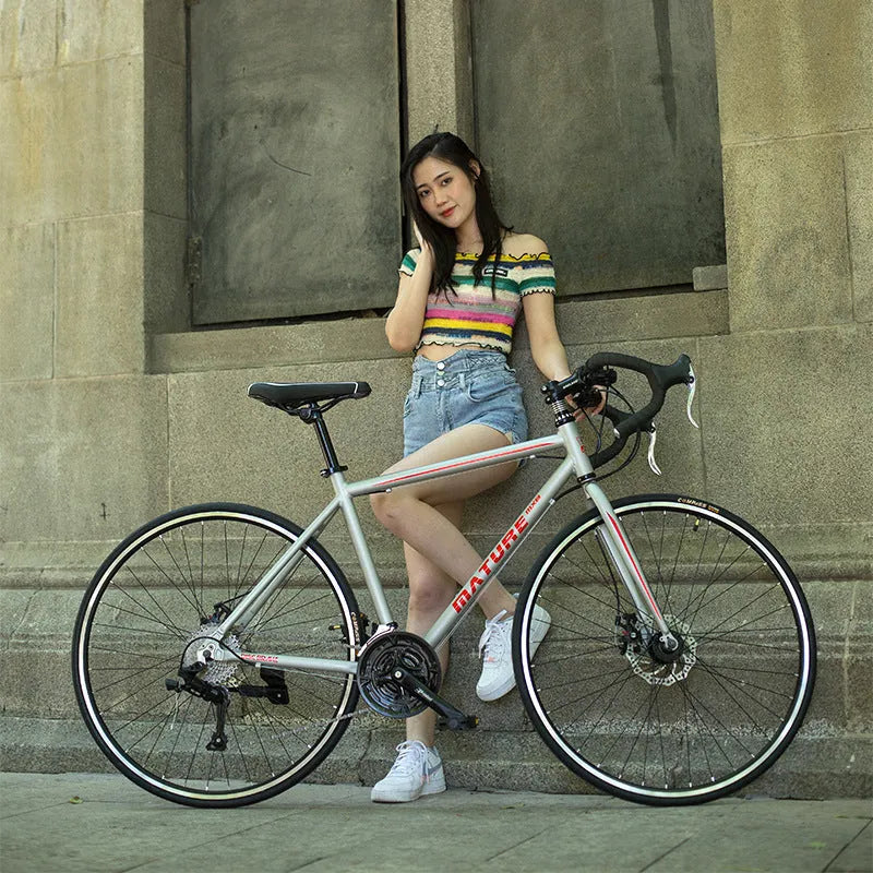 Aluminium alloy road bike with flat handlebar, 48cm frame, matted blue colour