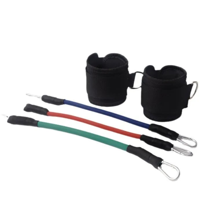 Black taekwondo leg pull rope training set for explosive force development.