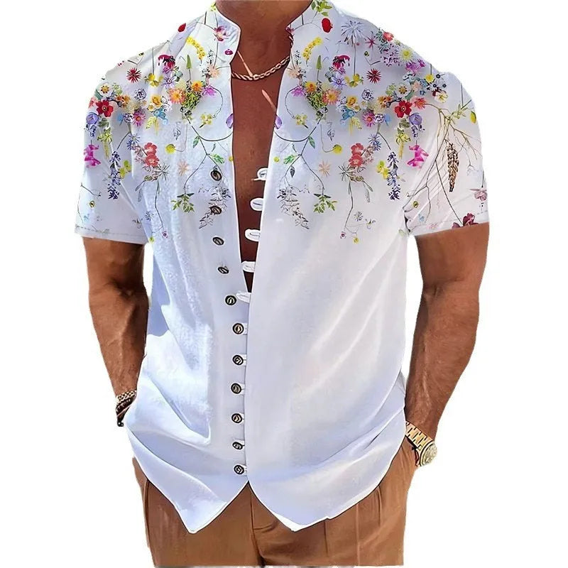 Youth wearing a short sleeve geometric floral print shirt in a cardigan style, available in multiple colours and extended sizes.