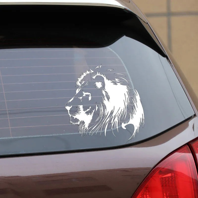 Reflective lion meditation car sticker on black background, 20x19.5cm