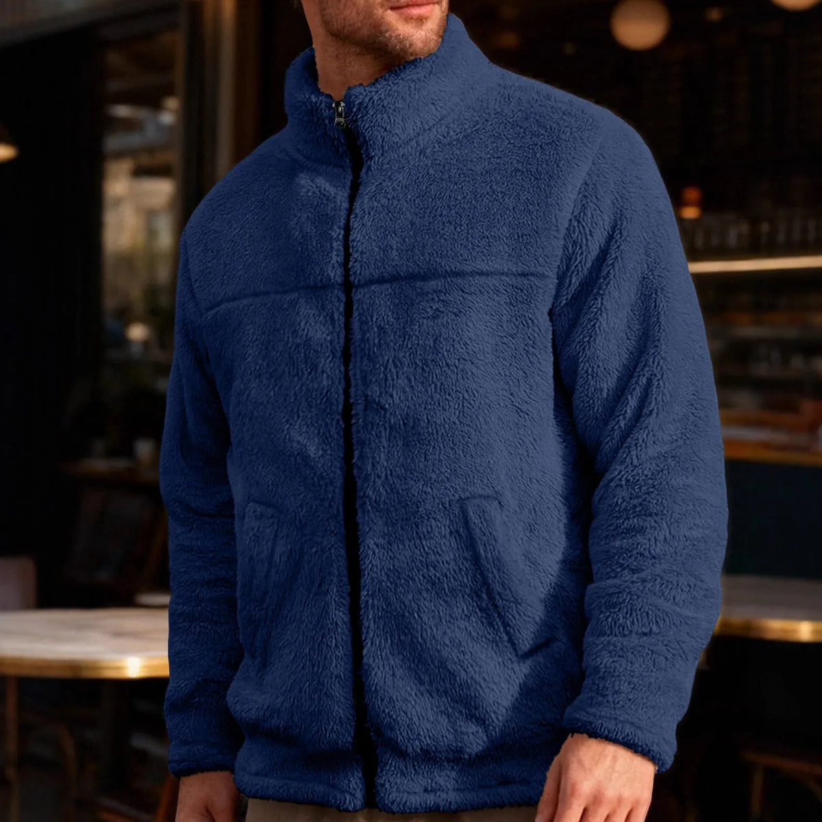 Bejirog men's loose fit zip jacket with stand-up collar and long sleeves in navy blue, black, khaki, dark grey or dark brown.