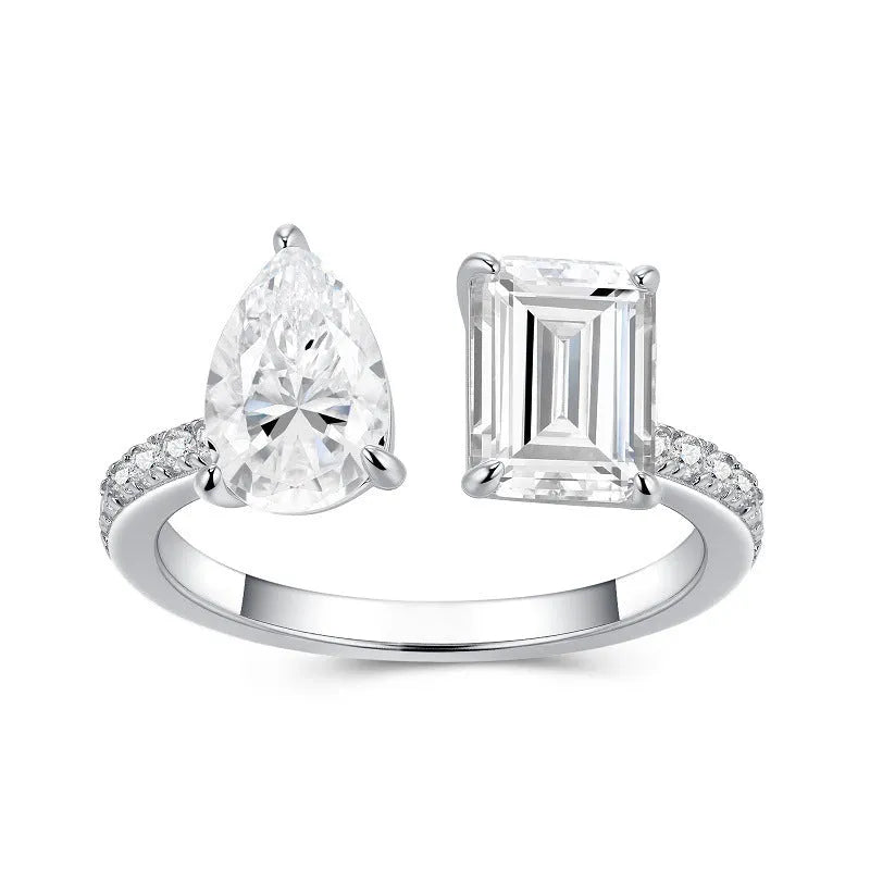 Square moissanite ring in 925 sterling silver with non-fading electroplated finish, drop-shaped geometric design, US 5-9.