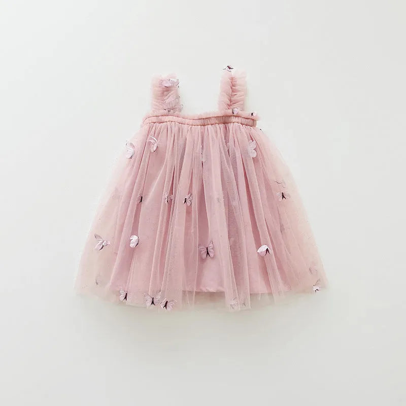 Butterfly embroidery mesh girls' braces skirt in nude pink, with cotton lining and sling straps