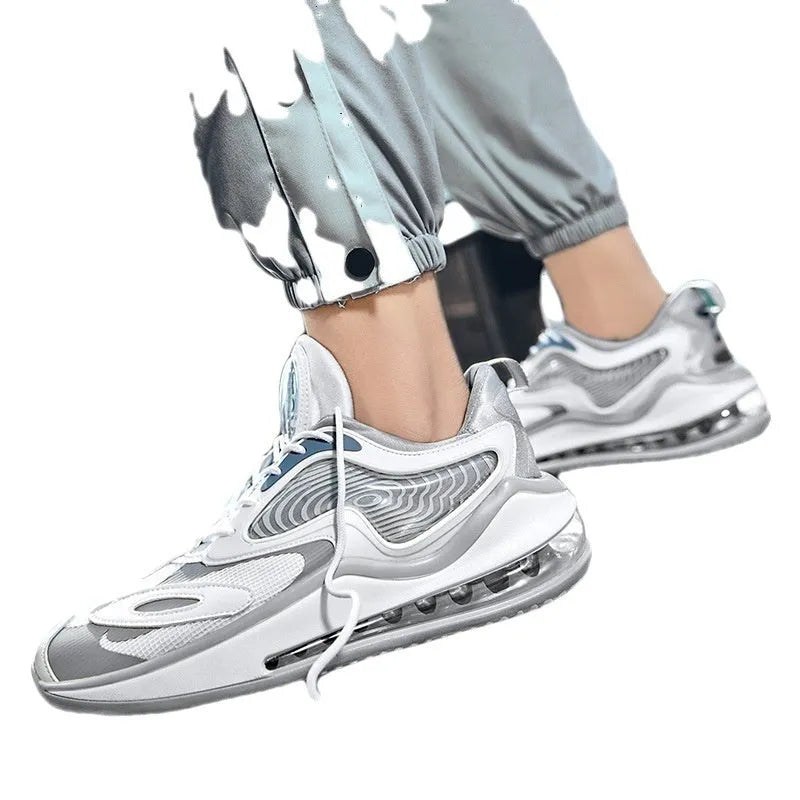 Men's black and white casual sneakers with air cushion sole for height increase.
