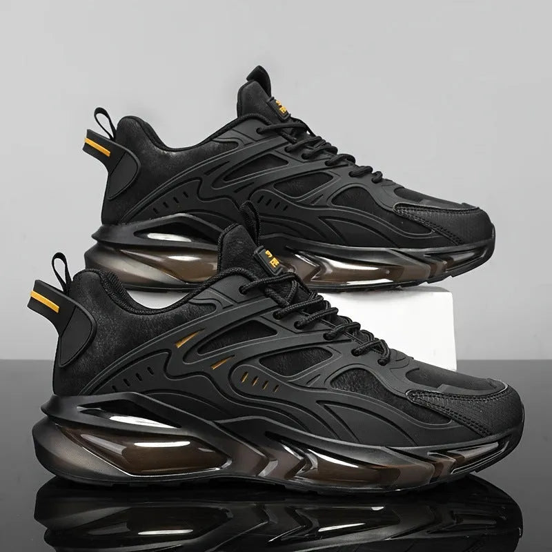 Men's black and grey low-top canvas casual sports sneakers with shock-absorbing soles.