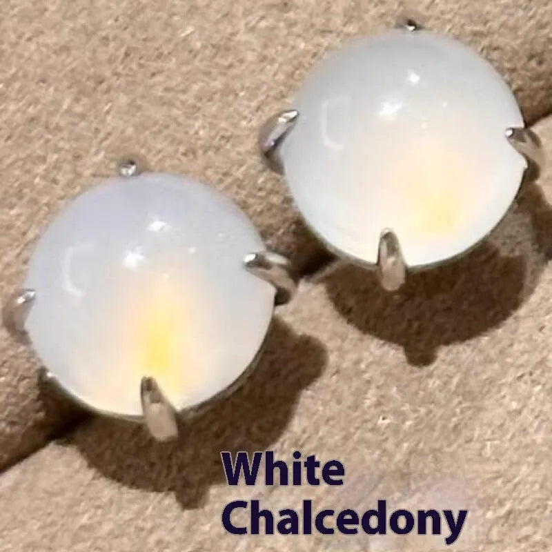 Chinese retro style round egg chalcedony earrings with four-claw copper setting in three colour options