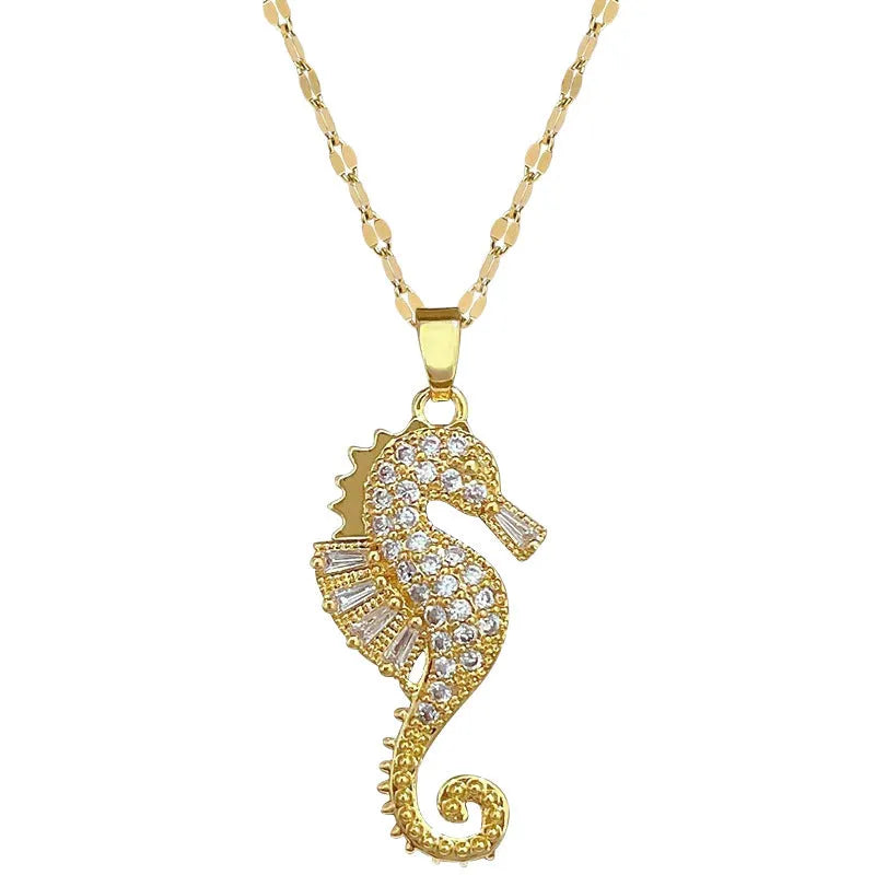 Gold seahorse pendant necklace with twisted titanium steel chain and copper pendant, 31-40cm