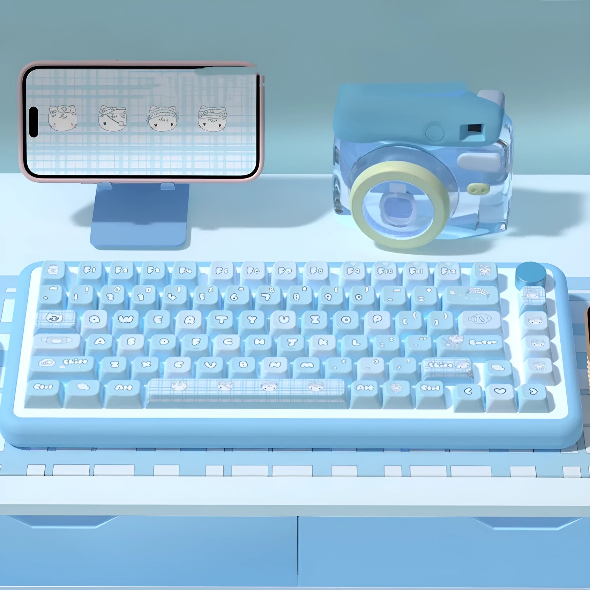 Water colour kitten custom key cap set for mechanical keyboards with sublimation printed artwork on PTB material