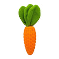 Orange carrot-shaped rubber and plush dog chew toy with squeaker, 21x5x5cm, on a solid background.