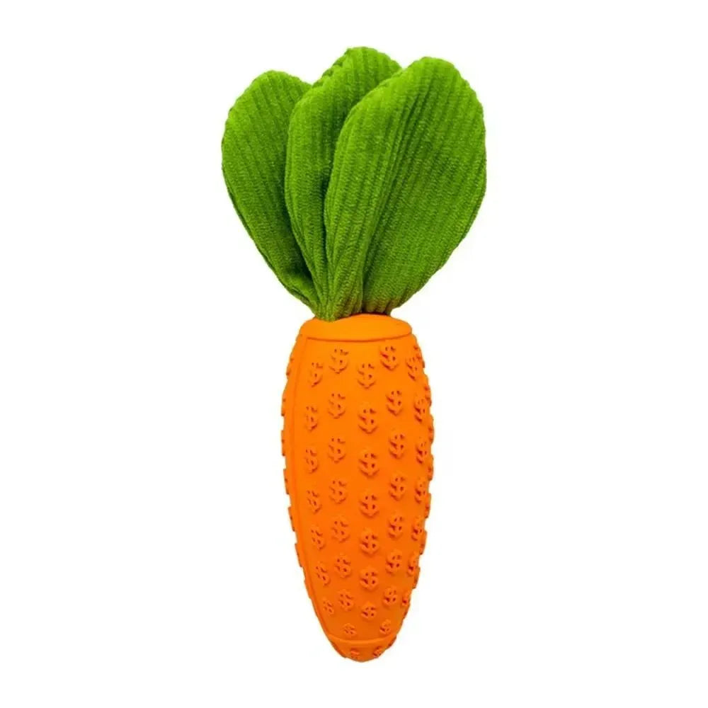Orange carrot-shaped rubber and plush dog chew toy with squeaker, 21x5x5cm, on a solid background.