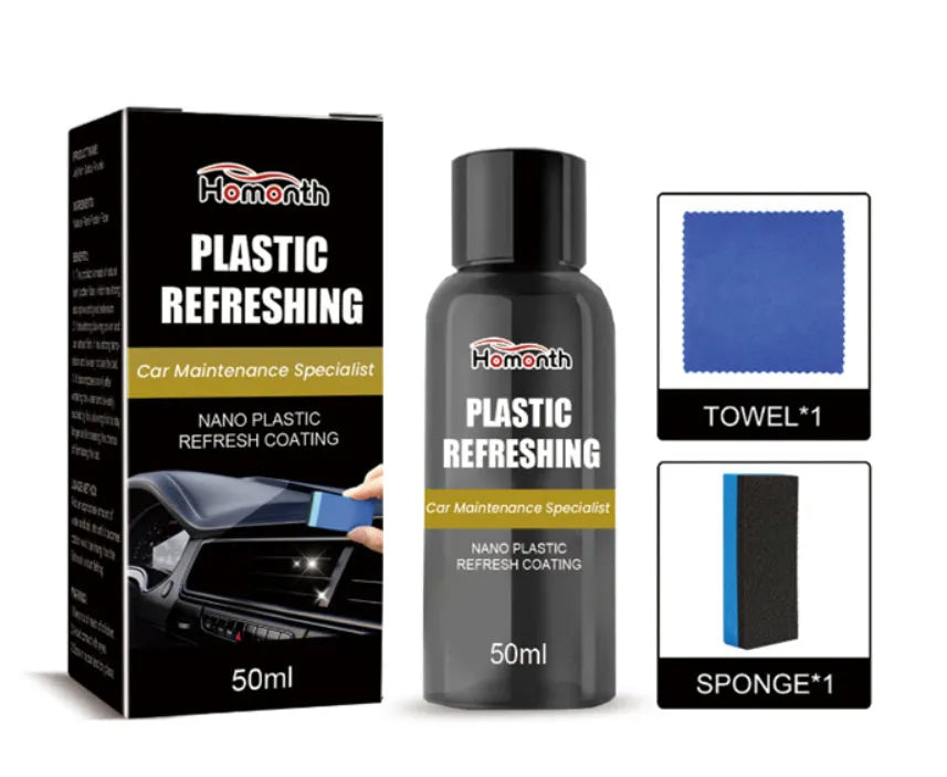 Nano plastic refresh coating kit with bottle, sponge and towel for car headlight and trim restoration