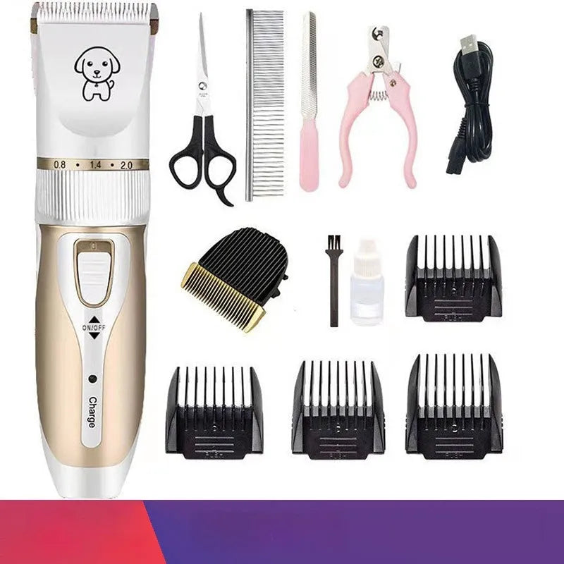 White pet electric clipper with ceramic blade, four combs, brush, and USB cable for dog grooming