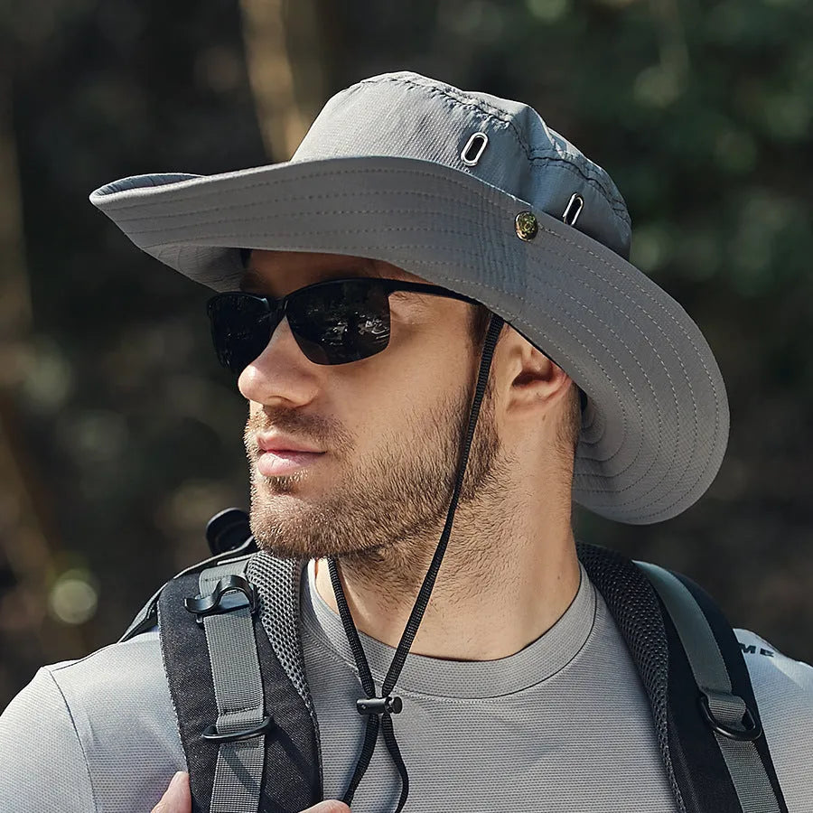 Men's big brim sun protection hat in khaki polyester fabric with dome crown, adult free size 58-60cm